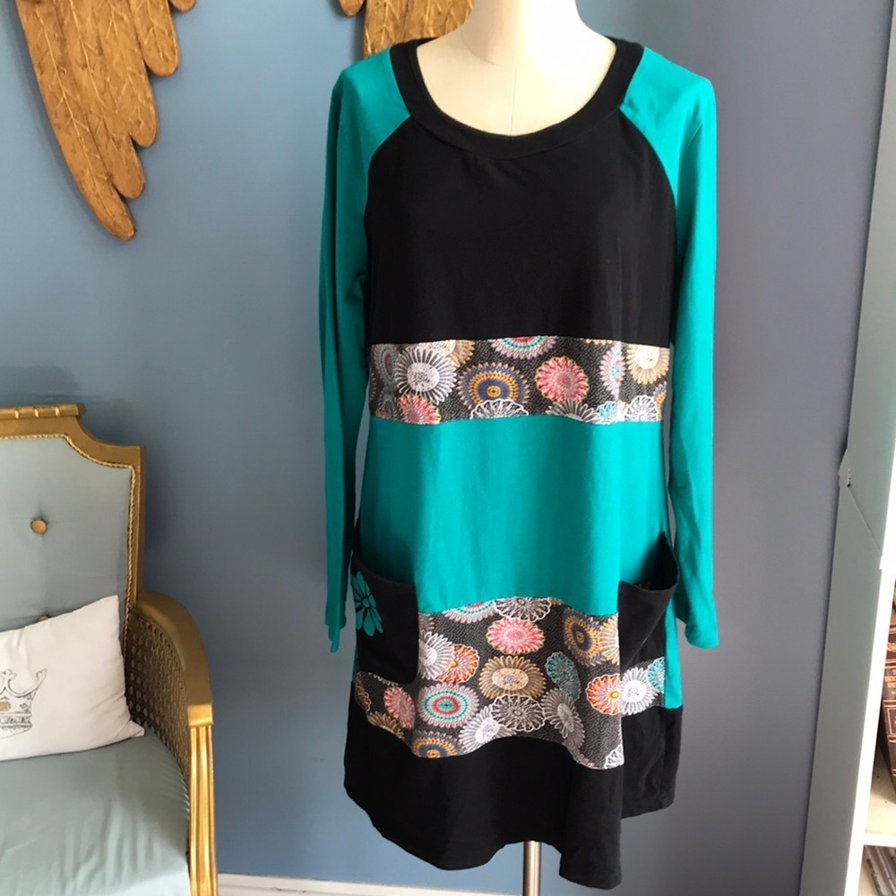 Coline, black, teal and floral colorblock long sleeves crew neck midi dress XXL
